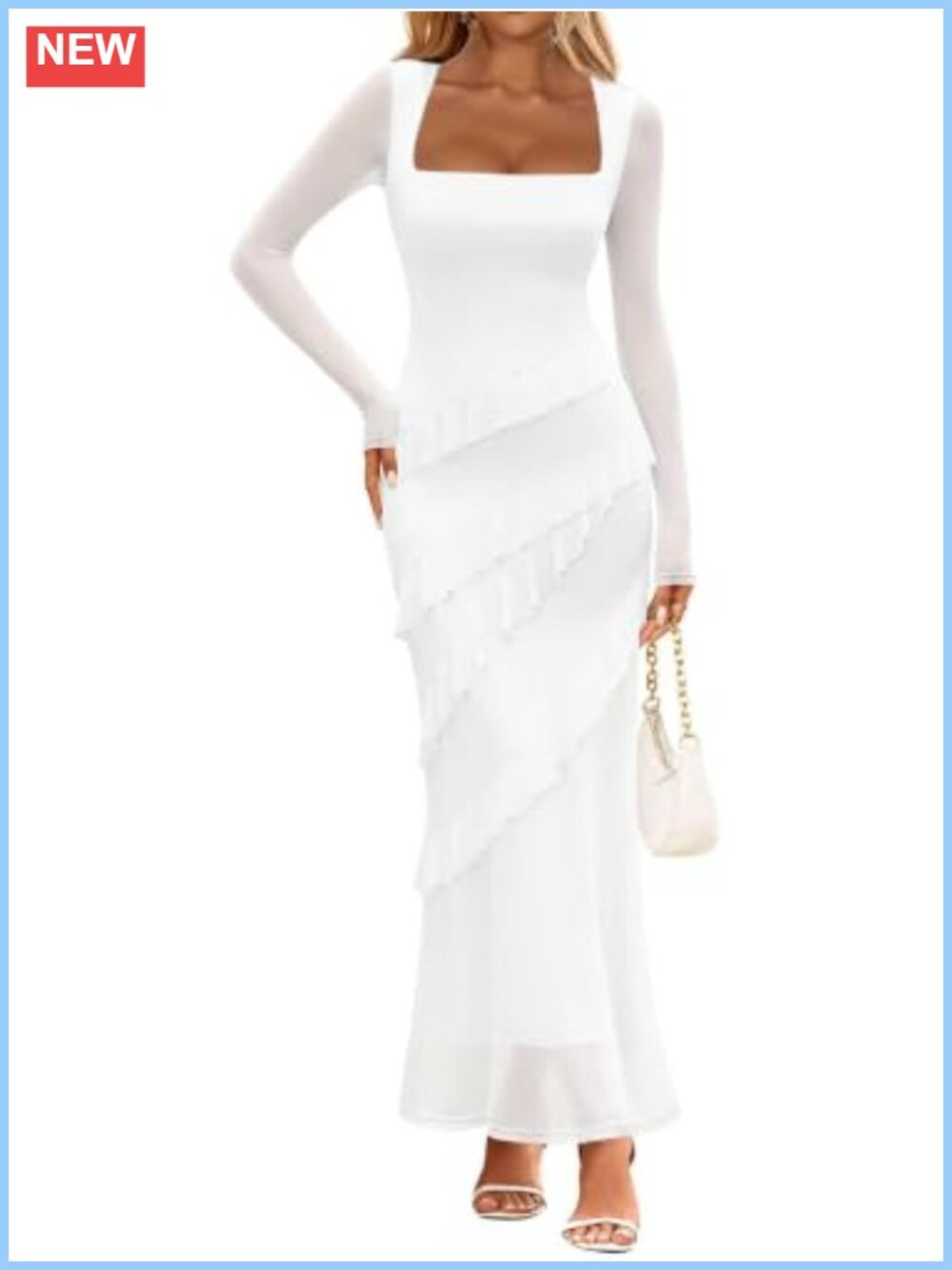 Long Sleeve Mesh Ruffle Bodycon Maxi Cocktail Dress Square Neck